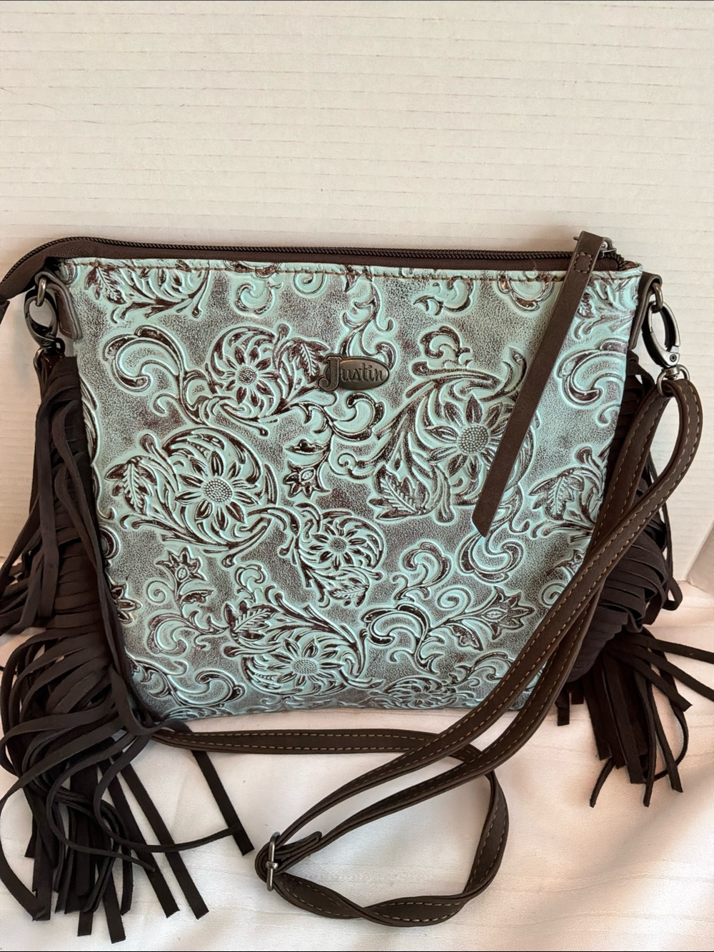 Justin Boots Turquoise Floral Tooled Crossbody with Brown Fringe